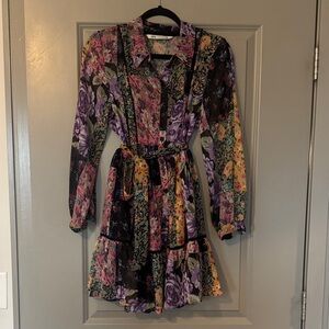 Zara Floral Belted Shirt Dress Long Sleeve Size M